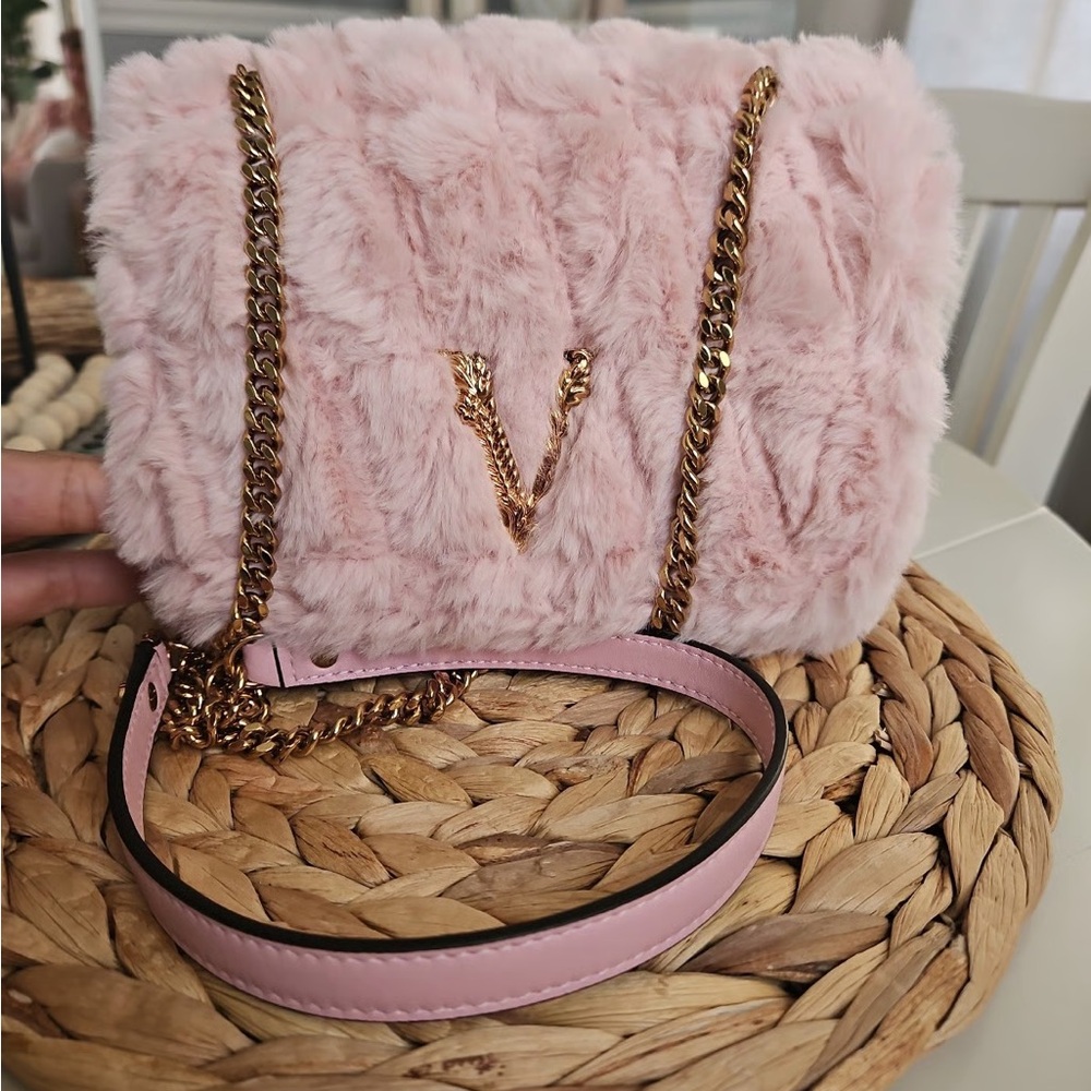 Versace Pink Faux Fur Crossbody Bag with Gold Chain